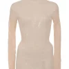 Blush semi-sheer mohair-blend wide gauge rib funnel collar long sleeve second-skin knit top