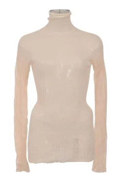 Blush semi-sheer mohair-blend wide gauge rib funnel collar long sleeve second-skin knit top