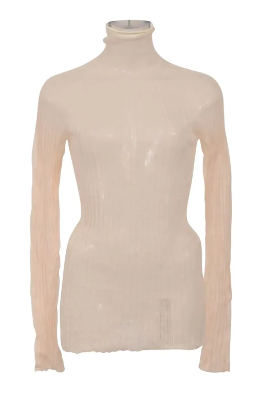 Blush semi-sheer mohair-blend wide gauge rib funnel collar long sleeve second-skin knit top