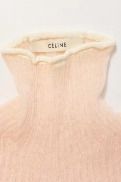 Blush semi-sheer mohair-blend wide gauge rib funnel collar long sleeve second-skin knit top