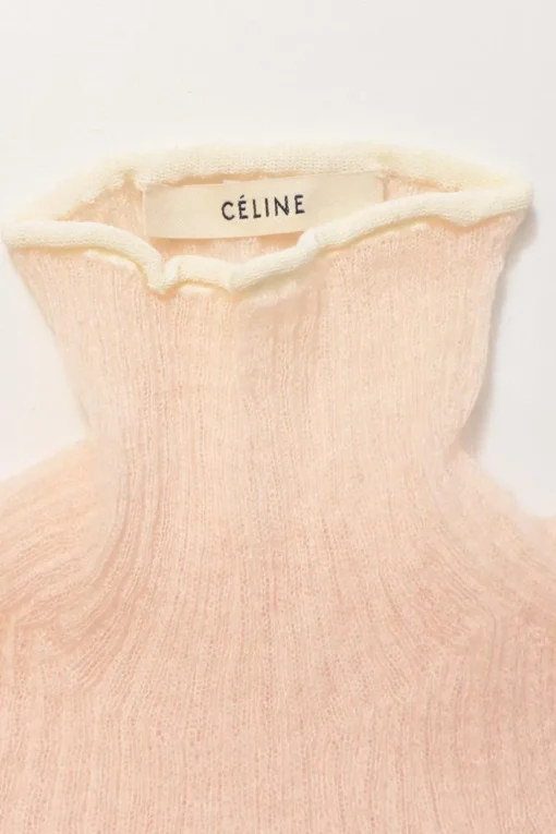 Blush semi-sheer mohair-blend wide gauge rib funnel collar long sleeve second-skin knit top