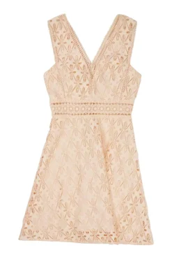 Blush semi-sheer polyester Bilali guipure lace Bilali plunge neck A-line midi dress