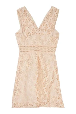 Blush semi-sheer polyester Bilali guipure lace Bilali plunge neck A-line midi dress