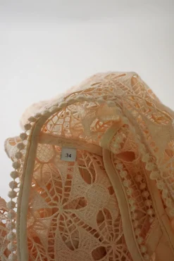 Blush semi-sheer polyester Bilali guipure lace Bilali plunge neck A-line midi dress