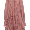 Blush sequined silk-blend Concert Disc mock neck keyhole micro-mini dress with floaty bishop sleeves