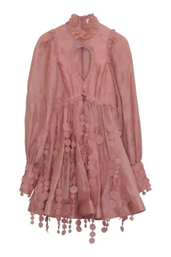 Blush sequined silk-blend Concert Disc mock neck keyhole micro-mini dress with floaty bishop sleeves