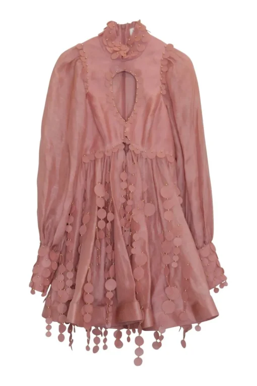 Blush sequined silk-blend Concert Disc mock neck keyhole micro-mini dress with floaty bishop sleeves