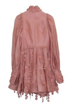 Blush sequined silk-blend Concert Disc mock neck keyhole micro-mini dress with floaty bishop sleeves
