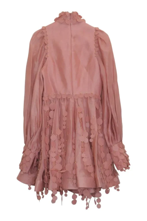 Blush sequined silk-blend Concert Disc mock neck keyhole micro-mini dress with floaty bishop sleeves