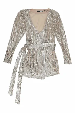 Blush sequin-embellished recycled polyester plunge neck long sleeve wrap mini dress