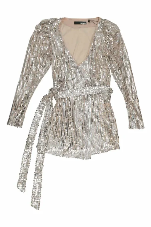 Blush sequin-embellished recycled polyester plunge neck long sleeve wrap mini dress
