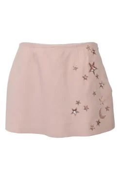 Blush sequin-embellished wool-blend low-rise mini skirt featuring star and moon motif