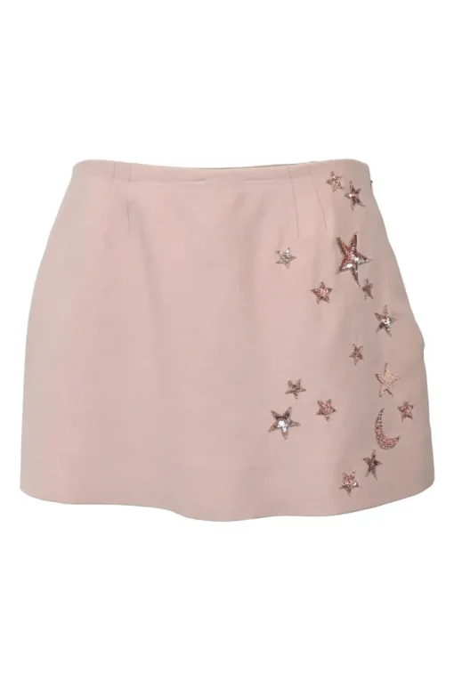 Blush sequin-embellished wool-blend low-rise mini skirt featuring star and moon motif