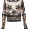 Blush sheer polyester mesh pullover boatneck top with contrasting embroidery motif
