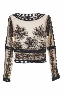 Blush sheer polyester mesh pullover boatneck top with contrasting embroidery motif