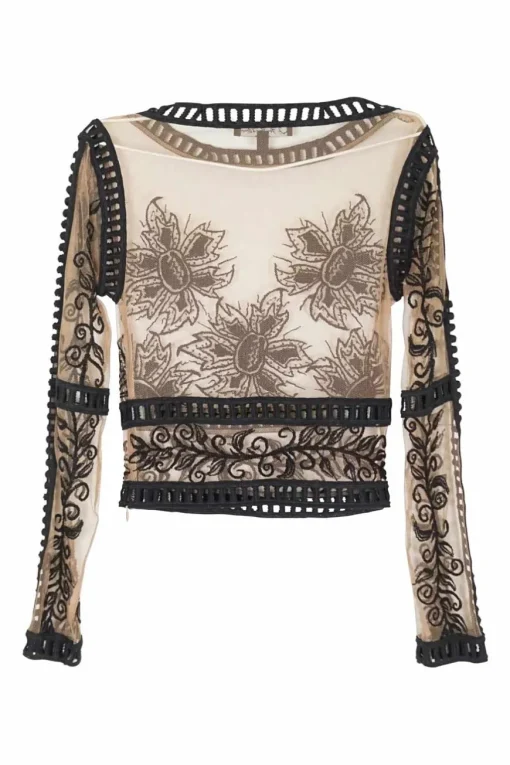 Blush sheer polyester mesh pullover boatneck top with contrasting embroidery motif