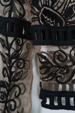Blush sheer polyester mesh pullover boatneck top with contrasting embroidery motif