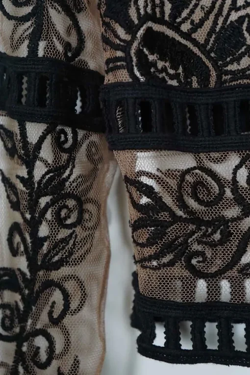 Blush sheer polyester mesh pullover boatneck top with contrasting embroidery motif