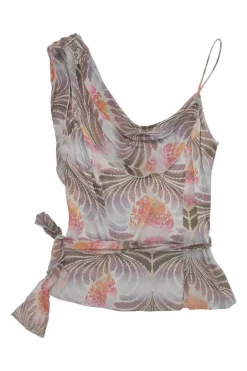 Blush silk abstract botanic print asymmetric cowl neck camisole with waist-tie fastening
