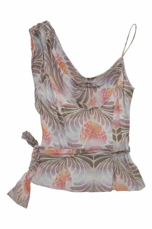 Blush silk abstract botanic print asymmetric cowl neck camisole with waist-tie fastening