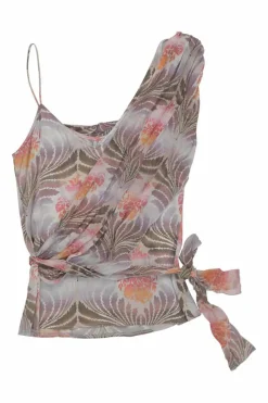 Blush silk abstract botanic print asymmetric cowl neck camisole with waist-tie fastening