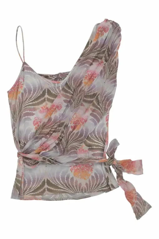 Blush silk abstract botanic print asymmetric cowl neck camisole with waist-tie fastening