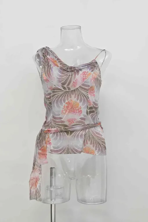 Blush silk abstract botanic print asymmetric cowl neck camisole with waist-tie fastening