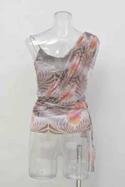 Blush silk abstract botanic print asymmetric cowl neck camisole with waist-tie fastening