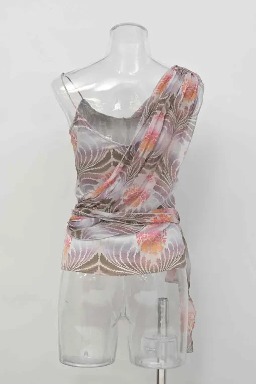Blush silk abstract botanic print asymmetric cowl neck camisole with waist-tie fastening