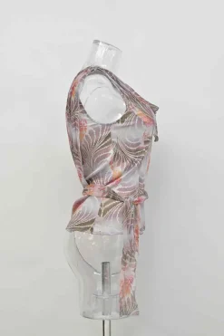 Blush silk abstract botanic print asymmetric cowl neck camisole with waist-tie fastening