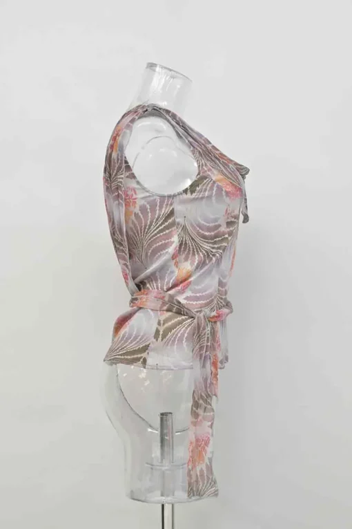 Blush silk abstract botanic print asymmetric cowl neck camisole with waist-tie fastening