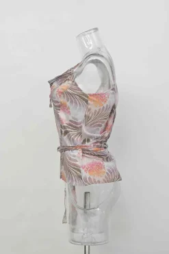 Blush silk abstract botanic print asymmetric cowl neck camisole with waist-tie fastening