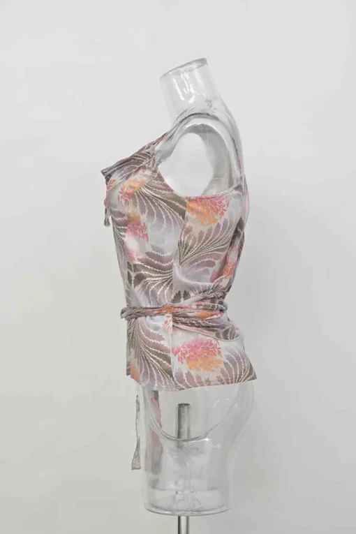 Blush silk abstract botanic print asymmetric cowl neck camisole with waist-tie fastening