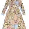 Blush silk abstract patchwork leopard print belted A-line midi dress with gathered bateau neckline