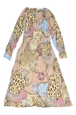 Blush silk abstract patchwork leopard print belted A-line midi dress with gathered bateau neckline