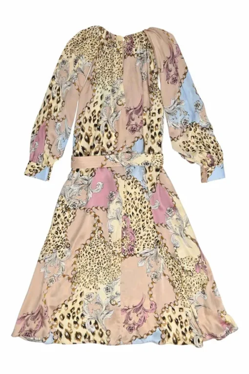 Blush silk abstract patchwork leopard print belted A-line midi dress with gathered bateau neckline