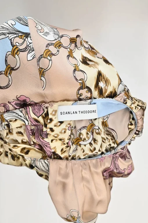 Blush silk abstract patchwork leopard print belted A-line midi dress with gathered bateau neckline