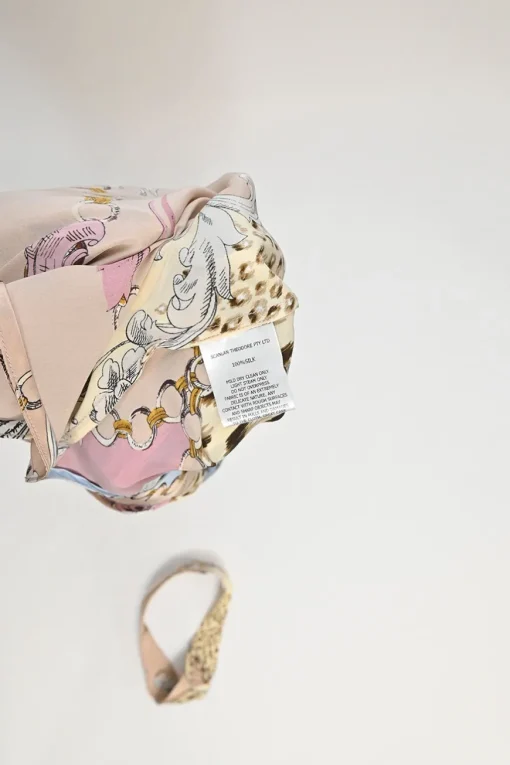 Blush silk abstract patchwork leopard print belted A-line midi dress with gathered bateau neckline