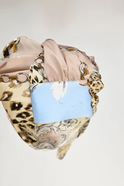 Blush silk abstract patchwork leopard print belted A-line midi dress with gathered bateau neckline