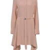 Blush silk button-front belted shirt dress with dagger collar and handkerchief skirt