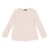Blush silk crêpe long sleeve blouse with pleated front and blouson sleeve cuffs