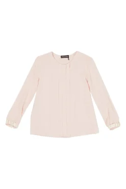 Blush silk crêpe long sleeve blouse with pleated front and blouson sleeve cuffs