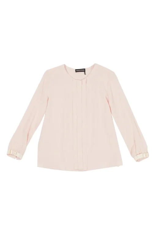 Blush silk crêpe long sleeve blouse with pleated front and blouson sleeve cuffs