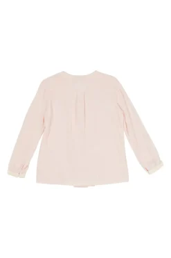 Blush silk crêpe long sleeve blouse with pleated front and blouson sleeve cuffs