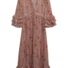 Blush silk floral print empire-waist pullover maxi dress with tiered flounce half sleeves and ruffle hem