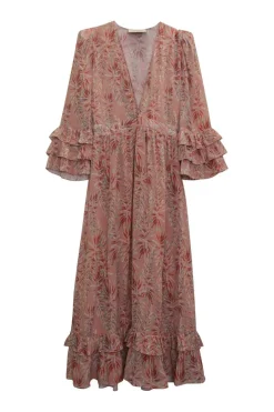 Blush silk floral print empire-waist pullover maxi dress with tiered flounce half sleeves and ruffle hem