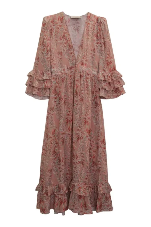 Blush silk floral print empire-waist pullover maxi dress with tiered flounce half sleeves and ruffle hem
