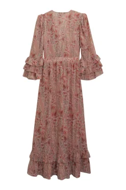 Blush silk floral print empire-waist pullover maxi dress with tiered flounce half sleeves and ruffle hem