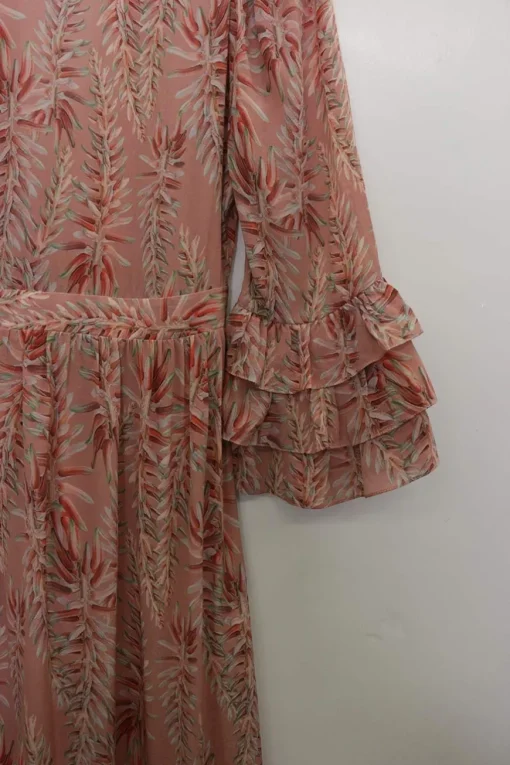 Blush silk floral print empire-waist pullover maxi dress with tiered flounce half sleeves and ruffle hem