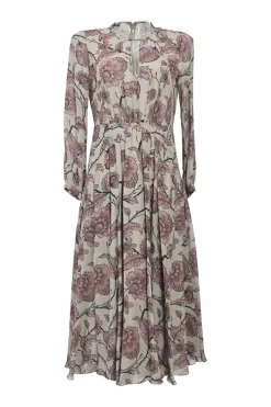 Blush silk floral print keyhole-front A-line midi dress with blouson sleeves and gathered skirt